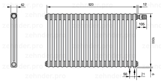 Схема (чертеж) Радиатор Zehnder Charleston 2100/20 №V002 Белый глянцевый RAL 9016